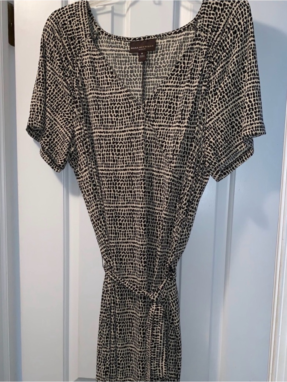 Dana Buchman Black and Cream Printed Midi Dress with Tie Waist